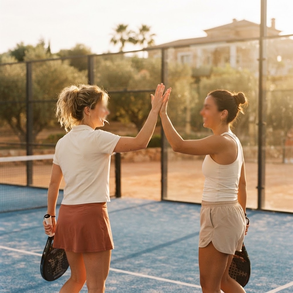 Two padel players sharing a relaxed high-five in golden light